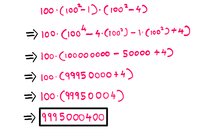 How To Solve This Tricky Algebra Problem (XIII) — Whiteboard-style graphics showing the following mathematical operations: 100*(10⁰²−1)*(10⁰²−4) = 100*(100⁴ − 4*(100²) − 1*(100²) + 4) = 100*(100000000 − 50000 + 4) = 100*(99950000+4) = 9995000400
