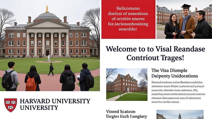 A photo of Harvard University campus with international students, alongside headlines about the visa controversy