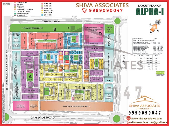 Layout map of Alpha 1, Greater Noida, showcasing key sectors and properties, provided by Shiva Associates, the best property dealer in Greater Noida.