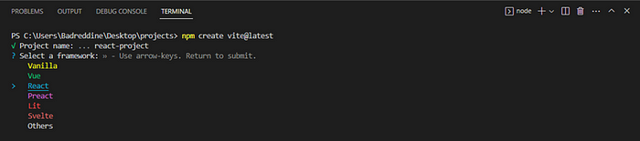 In the terminal, select React from the list