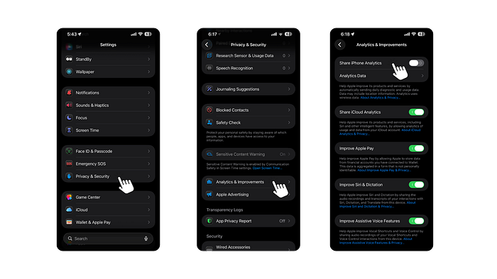 iPhone settings menu for Analytics & Improvements showing the Share iPhone Analytics toggle switched off to stop sending diagnostic data