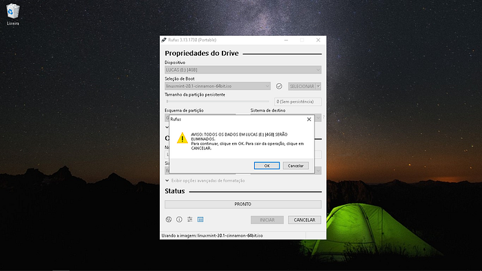 Tela do app Rufus — aviso de deleção de dados