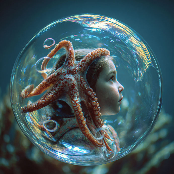 A little girl enclosed in a big aquarium bubble, with an octopus attached to her head.