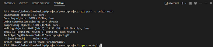 In the terminal, deploy the React app