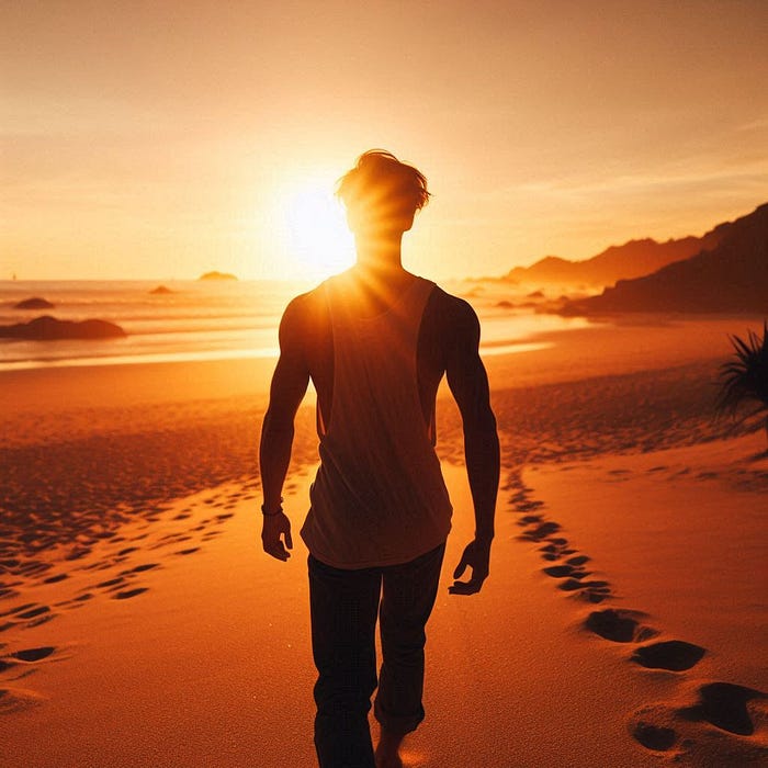 Person on beach walking away from you in silhouette as they walk towards sunset.