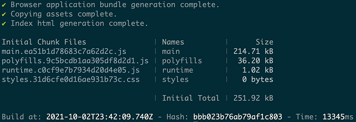 Captura de tela do console indicando os arquivos que foram gerados: main, polyfills, runtime e styles.