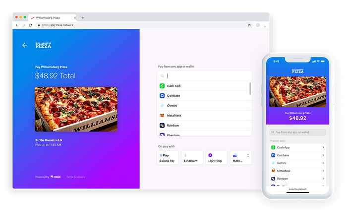 A screenshot of the Flexa Payments experience on desktop and mobile devices.