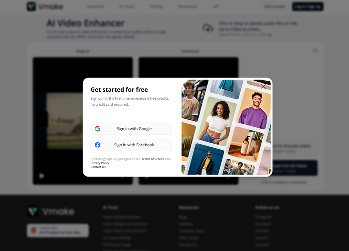 Vmake video enhancer sign up page