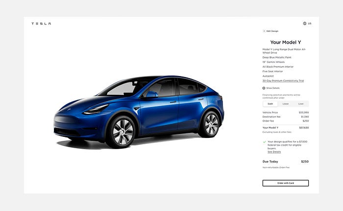 A screen shot of Tesla website, the product detail page for Model Y. There is a picture of a blue car that takes more than 2/3 of the page. On the right side, there is a product detail panel where customers can check the details and specification of the product and order a car.