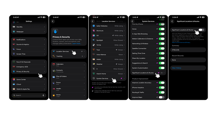 iPhone screenshot showing the settings menu path under Privacy & Security to find Significant Locations & Routes