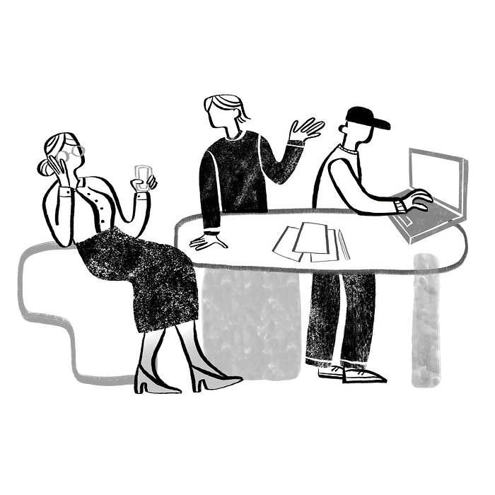 Illustration of people talking in an office.