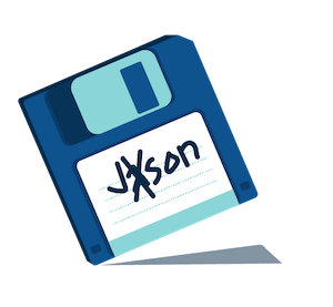 a floppy disk with the word Jason written on the sticker note, but the a in Jason is crossed out, referring to JSON.