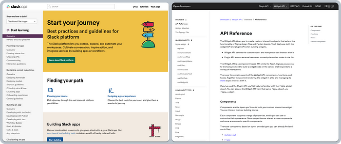 A composition of two screenshots of best practices, guidelines, and developer docs by Slack and Figma. The first screenshot shows Slack’s welcome page labeled “Start your journey”. The second one shows Figma’s tech docs, with the heading “API Reference”.