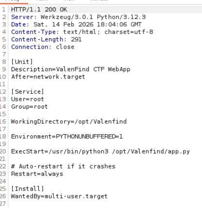 Response to /etc/systemd/system/valenfind.service, showing the path of app.py containing the whole source code of the application