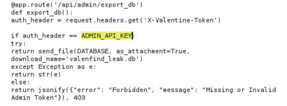 app.py read output again, showing an endpoint /api/admin/export_db with a special header