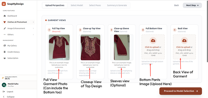 Step 1: Uploading garment/clothes product images with different angles and zoom levels for AI fashion catalog generation