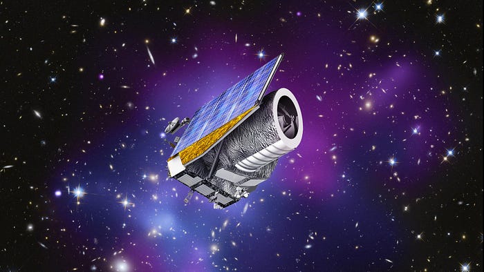 Euclid space telescope floats in the middle of the image. A black background full of galaxies and purple and blue light.