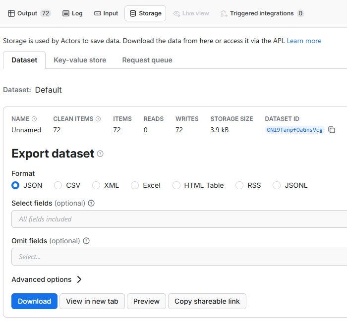 The Storage tab after a completed run. 72 items, 3.9 kB. One click to download in JSON, CSV, XML, or Excel. Use the Dataset ID to pull records via the API or push to Google Sheets automatically.