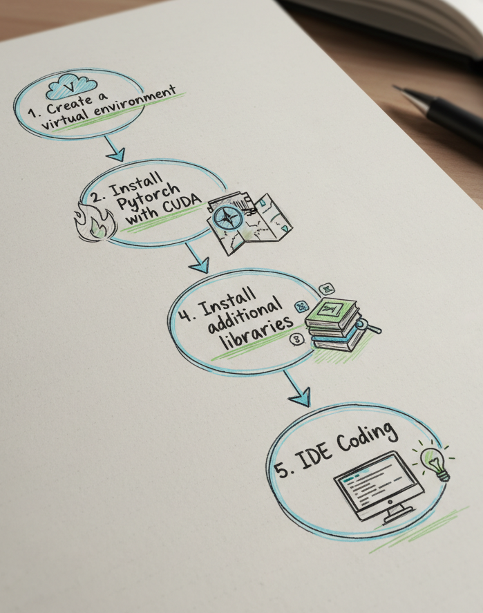 A hand-drawn flowchart detailing the 4 steps for preparing a local environment for an AI project: 1. Create a virtual environment, 2. Install PyTorch with CUDA, 3. Install libraries, 4. IDE Coding.