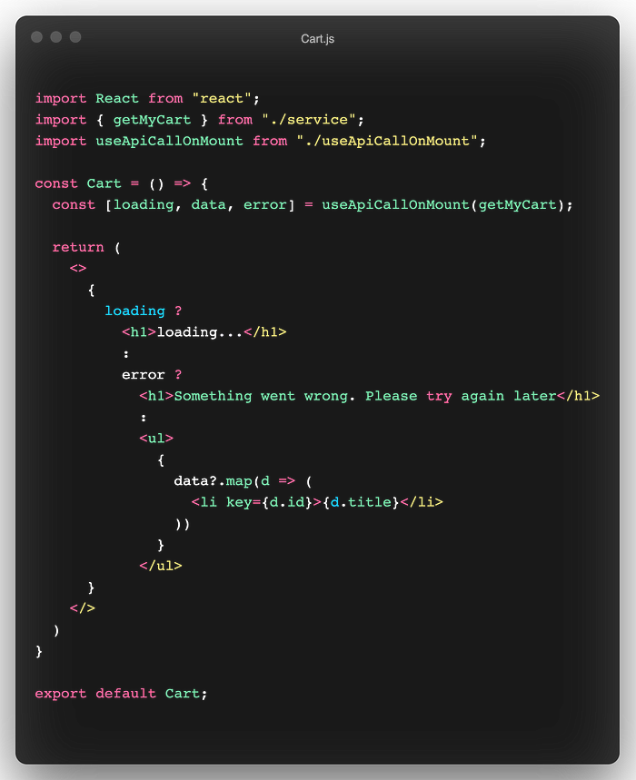 Cart component using useApiCallOnMount custom hook