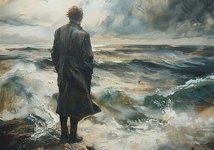 Painting made in classical style, waves are rolling in the background, a man in a long jacket is standing on the rock.
