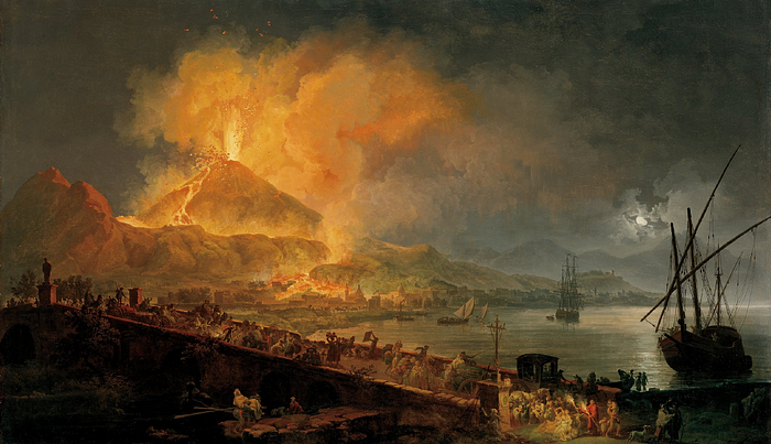 The Eruption of Mt. Vesuvius” by Pierre-Jacques Volaire is a dramatic depiction of one of Mount Vesuvius’s eruptions, a theme Volaire revisited more than 30 times in his work. Created in 1777, this oil on canvas painting captures the night of an eruption with vivid detail and emotion. The scene is set against the backdrop of an erupting Vesuvius, with lava flowing down into the town below.