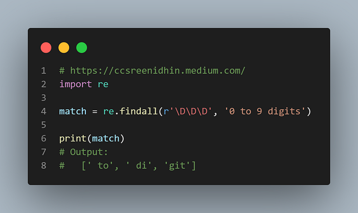 Regular expression example for ‘\D’ character