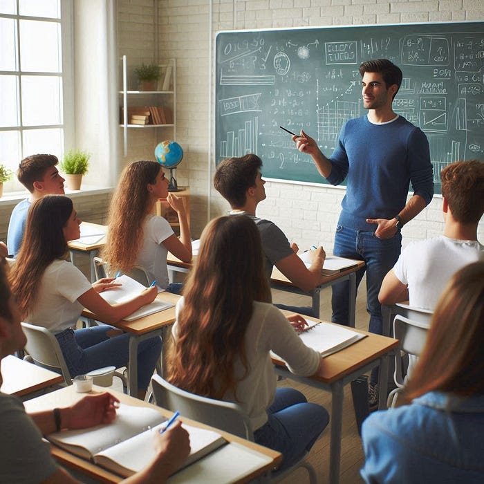 Classroom with teacher in front of room presenting to students.
