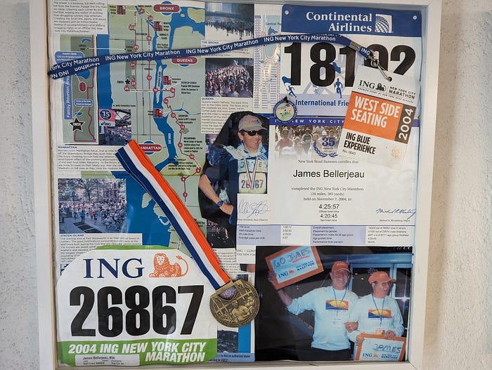 Collage of material from NYC Marathon, including medal, race bib, course map, and pictures