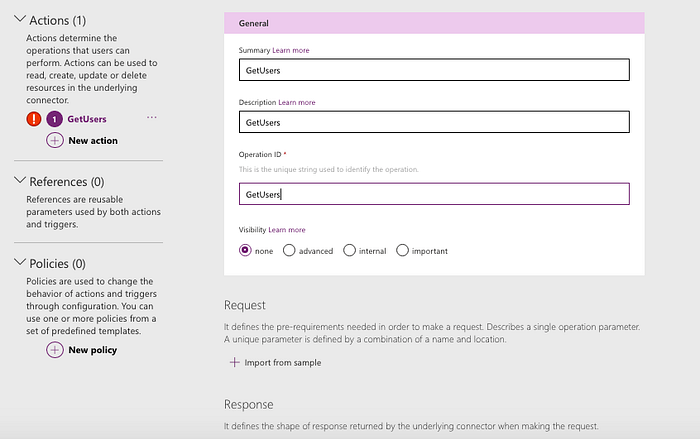 Create custom connector in Power Apps environment, create action step — Cloudatica example