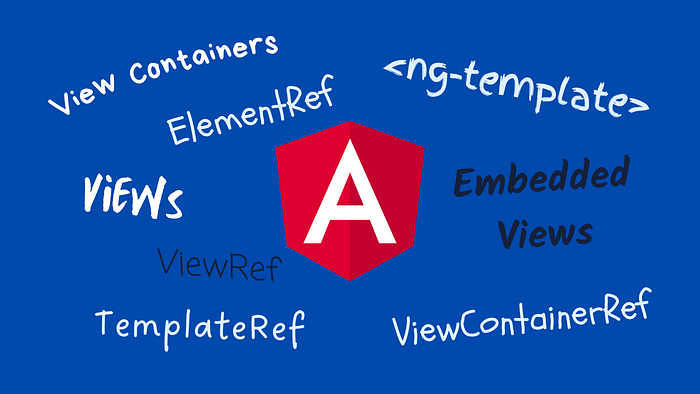 Angular logo surrounded by words such as ElementRef, TemplateRef, ViewContainerRef, etc.