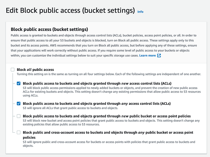 Captura de tela das alterações feitas nas configurações de acesso do bucket. As alterações estão descritas logo abaixo.