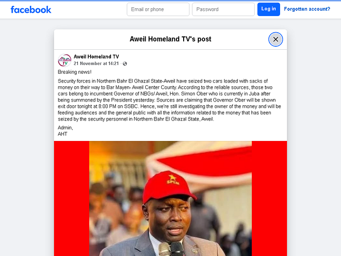 A screenshot of the post as published by Aweil Homemade TV on Nov 21 2025