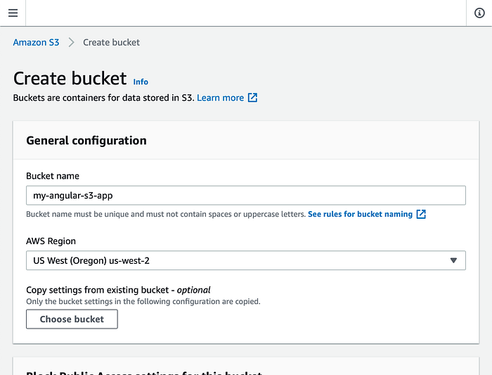 Captura de tela da minha configuração de bucket do S3