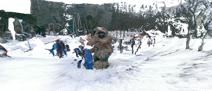 The final, fully merged 3D reconstruction of the troll statue. The point cloud is dense and captures the geometry and color of the subject and its snowy environment from all angles.