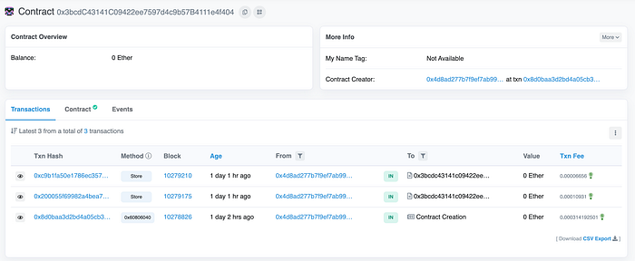 Figure 7: Example hello world contract deployed to Rinkeby