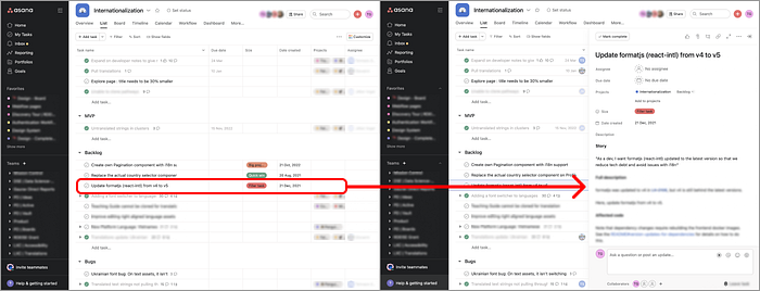 Asana: List arrow to Side Pane