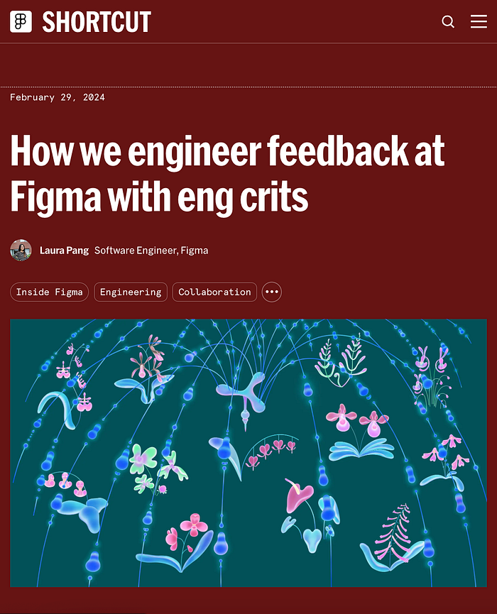 Over at Figma’s Shortcut blog, software engineer Laura Peng, wrote about conducting engineering critiques and used a large illustration of nature and technology meshing together. (image source: Figma)