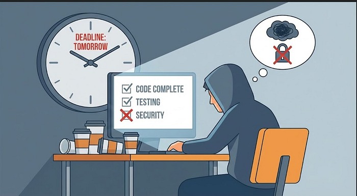 Illustration of a stressed developer at a desk with looming deadlines, a checklist where ‘security’ is crossed out, symbolizing how deadlines override secure practices. Minimalist vector art style.