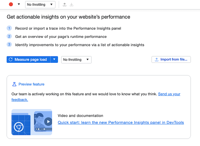 Screenshot of Performance insights tab — there is 3 step instruction, button to choose if you want to measure page load or custom scenario and option to set throttling.