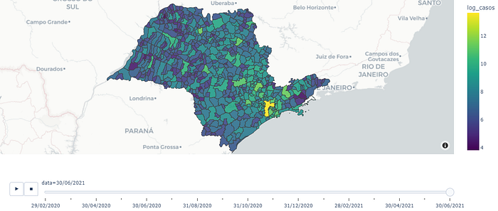 A map of Sao Paulo State divided by cities, showing distribution of covid cases