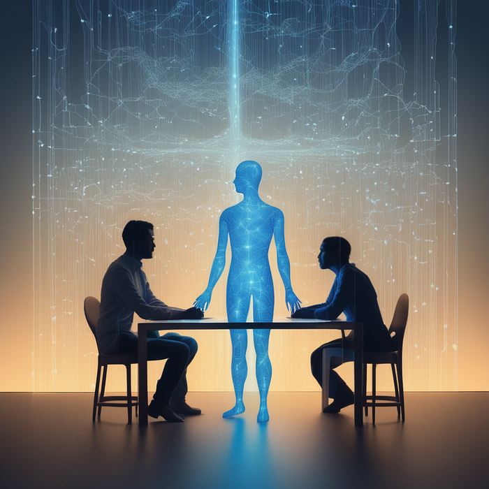 Human and AI figures exchanging light across a table, symbolizing ethical dialogue and understanding.