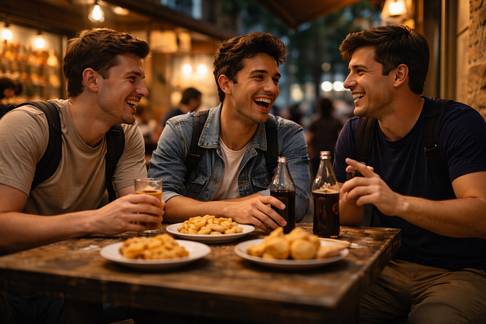 Three friends sitting together at a food stall laughing and sharing moments