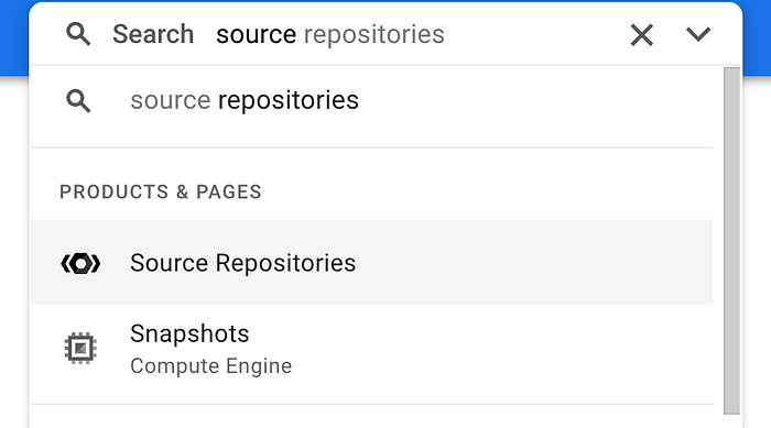 search for google cloud source repositories in google cloud console