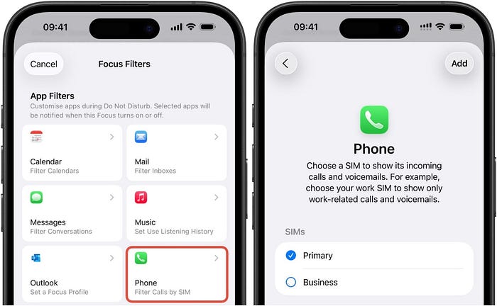 Filtering calls by SIM using Focus mode on iOS 26