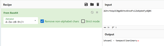 CyberChef screenshot showing base64 decoding to reveal a whoami command and result.